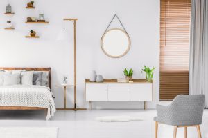 Scandinavian,Style,White,Room,Interior,With,Round,Mirror,On,The